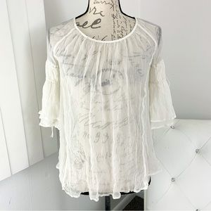 Lucky Brand Sheer Gauze Peasant-Look Blouse Top with Ruffled Tie 3/4 Sleeves XS